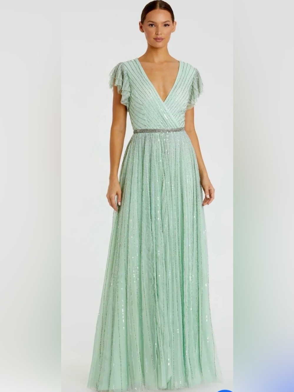 NWT Mac Duggal (5502) Sequined Wrap Over Ruffled Cap Sleeve Gown Size 6